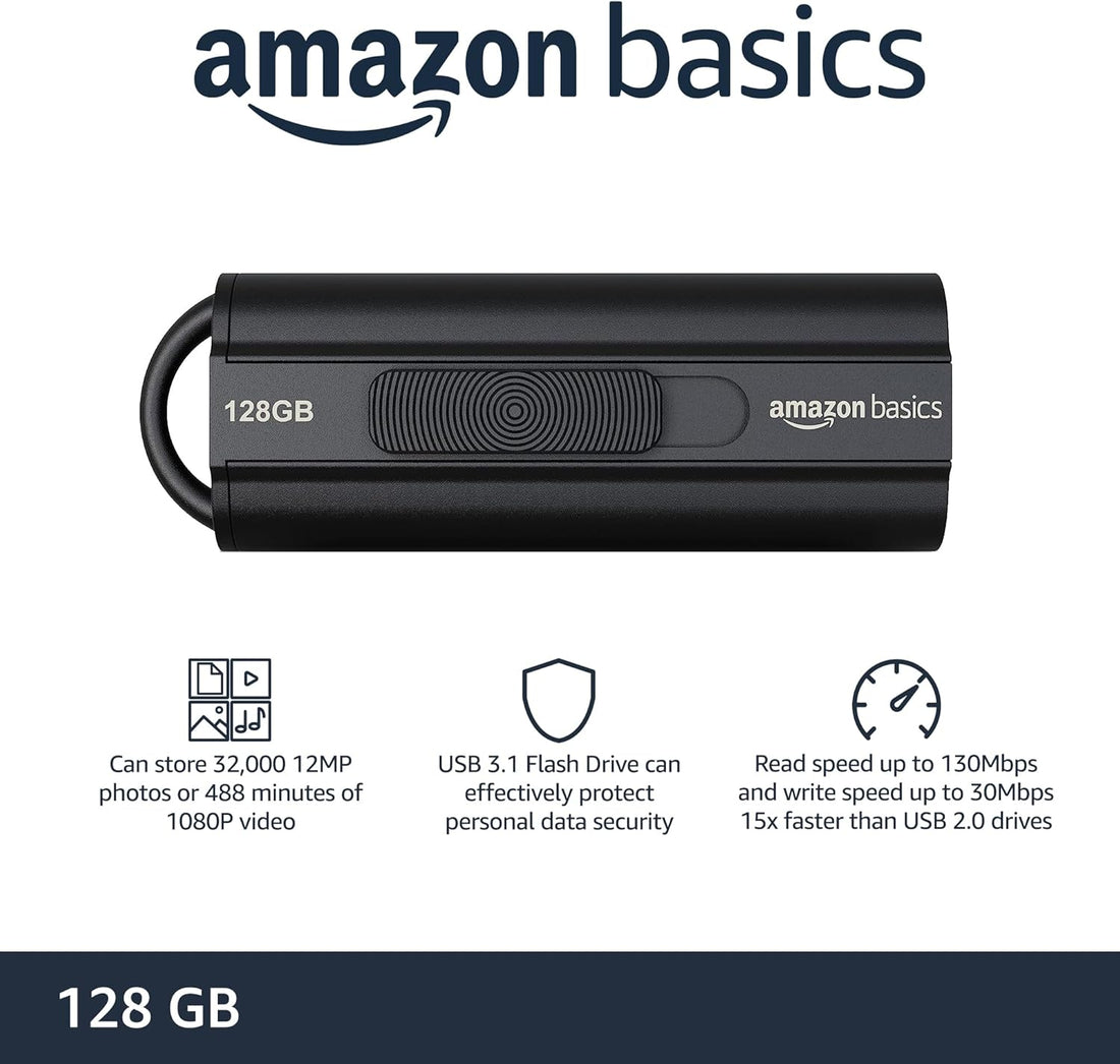 Amazon Basics 128 GB Ultra Fast USB 3.1 Flash Drive, Black