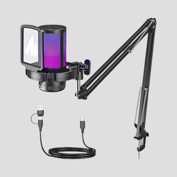 MAONO Gaming USB Microphone, Noise Cancellation Condenser Mic with Mute, Gain, Monitoring, Boom Arm Mic for Streaming, Podcast, Twitch, YouTube, Discord, PC, Computer, PS4, PS5, Mac, GamerWave DGM20S